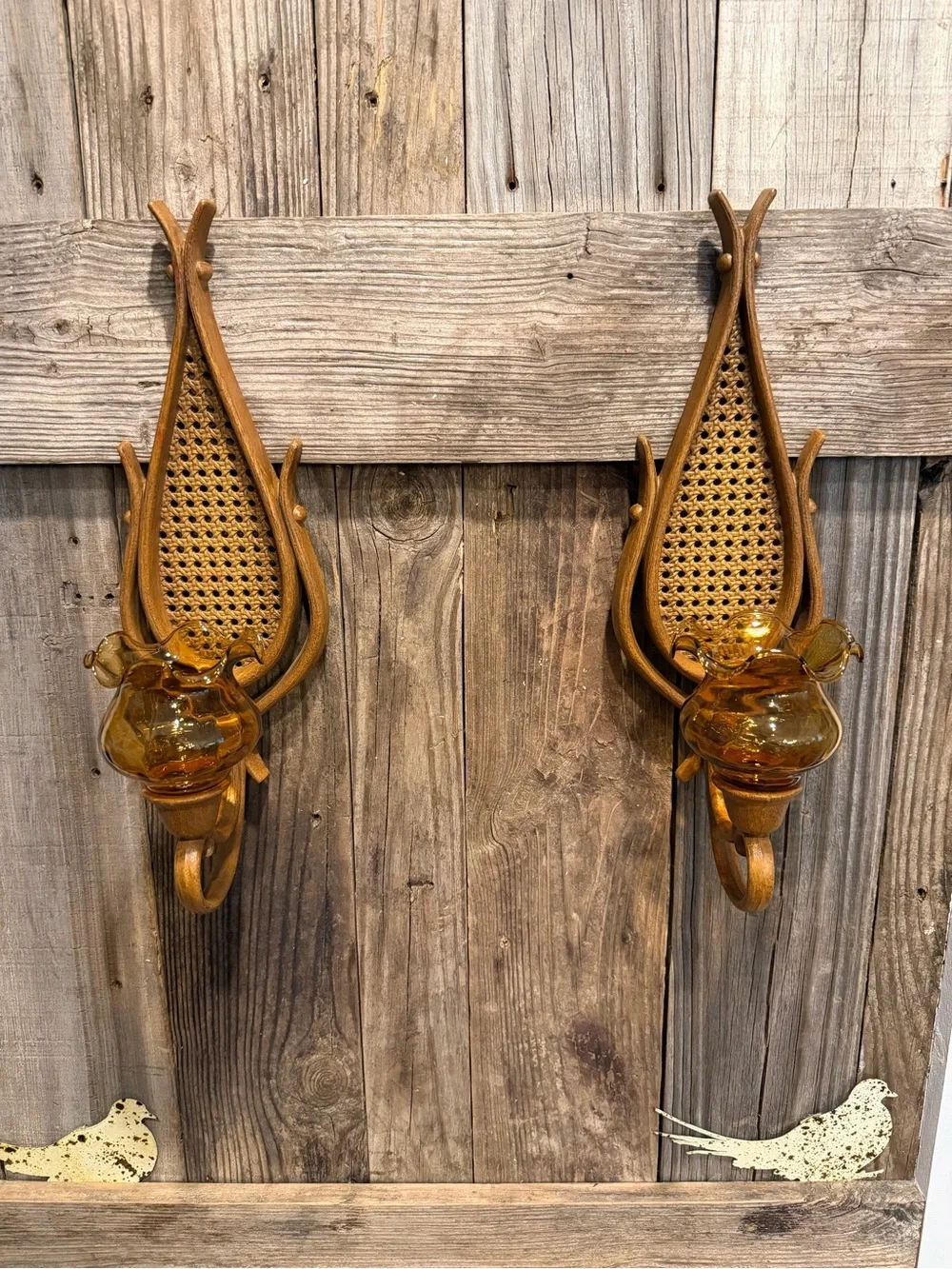 Pair of BOHO Farmhouse HOMCO Amber Glass Candle Wall Sconces